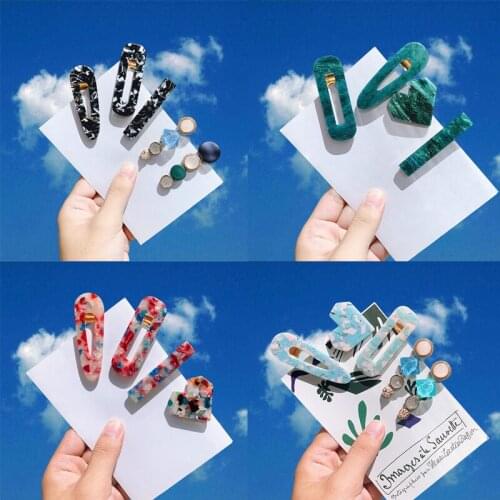 1Set Acrylic Resin Hair Barrettes Hair Clips Marble Textured Geometric Water Drop Duckbill Barrette Hairpin Hair Accessories