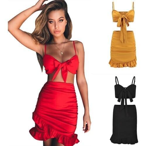 2020 European and American bra suspender tank top, high waist, ruffle edge, hip package, holiday skirt suit