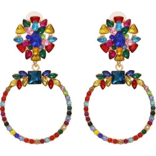 2020 ZA Colorful Crystal Rhinestone Big Circle Earrings Women Geometric Statement Long Earring Jewelry Femme Large Round Earring