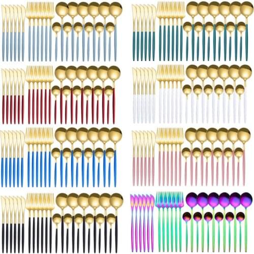 24pcs Colorful Stainless Steel Dinnerware Set Mirror Tableware Set Knife Fork Coffee Spoon Flatware Set Teaspoon For Home