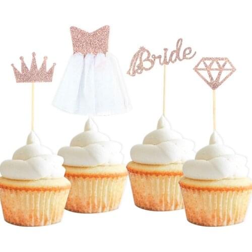 4pcs Diamond Ring Wedding Crown Cupcake Toppers Bride To Be Cake Topper For Wedding Bridal Shower Birthday Party Decorations