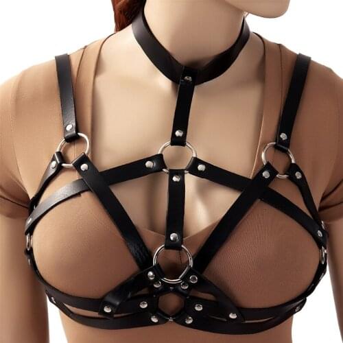 Goth Leather Crop Tops Women Sexy Body Harness Suspenders The Neck To Chest Bondage Collar Cage Bra BDSM Erotic Lingerie