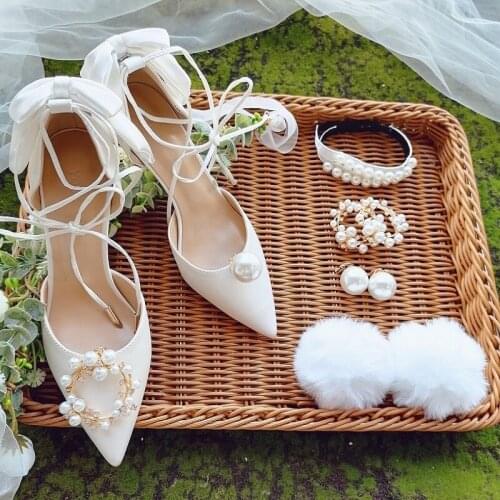 Summer new style bowknot pearl satin bridal white tie wedding shoes banquet dress all-match stiletto high-heeled womens sandals