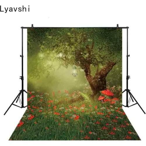 Lyavshi backdrop for photographic studio magic tree lanterns poppy meadow colorful lawn red mushroom photographic
