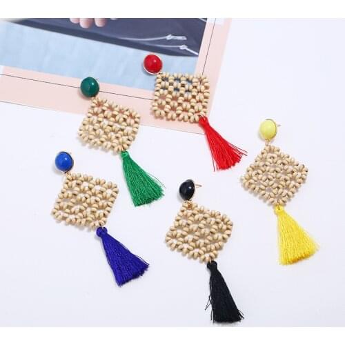 Fashion Exquisite Small Wooden Beads Woven Cutout Square Earrings Personality Creative Womens Wire Tassel Pendant Earrings
