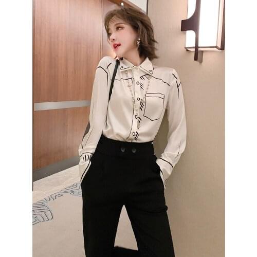 Simple abstract line printed Lapel long sleeve single breasted shirt for women 2021 Spring new High Quality Top Quality