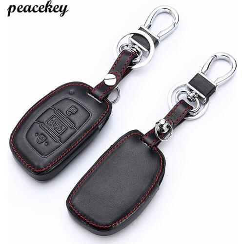 Peacekey Car Genuine Leather Remote Control Car Keychain Key Cover Case For Hyundai IX25 IX35 Verna 3Buttons Smart Key