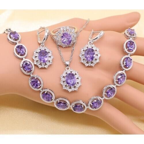 Purple Cubic Zirconia 925 Sterling Silver Jewelry Set for Women with Bracelet Earrings Necklace Pendant Ring Birthday Gift