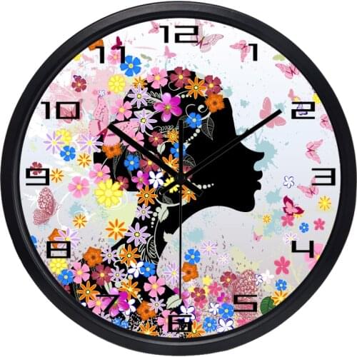 Pretty Women Lady fo Girl Room Wall Clock Beauty Salon Stop Bedroom Make up Room Wall Clock Butterfly Flowers