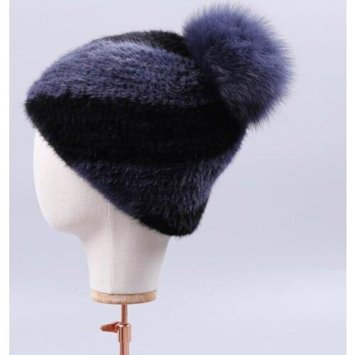 SUPPEV&STTDIO real mink fur hat women winter knitted mink fur beanies cap with fox fur pom poms thick female cap Elastic