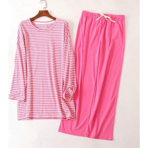 Loose Long Top + Trousers Autumn Winter Pajamas Two Pieces Set New Fashion Cotton Sleepwear Women Casual Striped Pyjama Femme