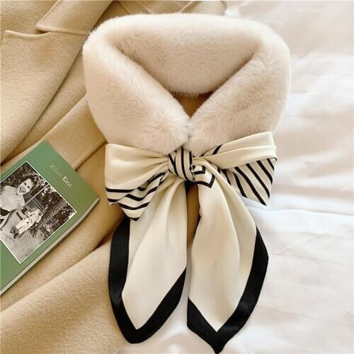 Spring Women Faux Fur Collar Scarf Vintage Printed Plush Collar Neck Warmer Autumn Winter Long Skinny Silk Shawl Wrap Foulard