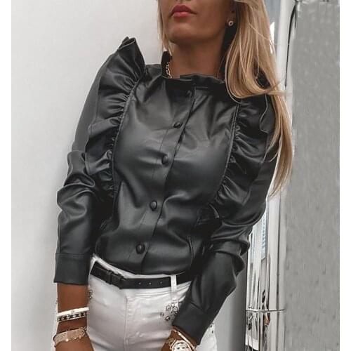 Autumn Elegant PU Leather Shirt Blouse 2021 Women Houndstooth O-Neck Button Ruffle Long Sleeve Shirts Casual Office Lady Tops