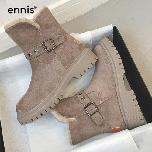 ENNIS NEW Winter Snow Boots For Women Faux Suede Boots Warm Shoes Platform Buckle Plush Shoe Khaki Ladies Ankle Boots Black A61A