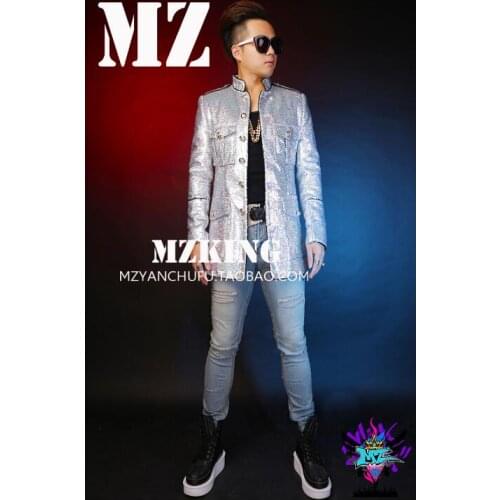 Bar nightclub loaded male singer DJ jacket GD trend colorful silver sequins stand collar long section suit costume