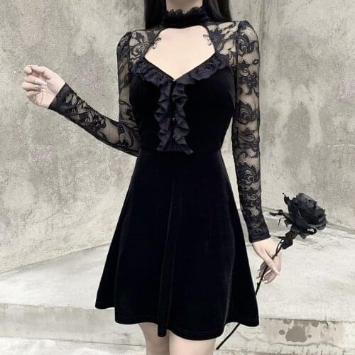 Goth Dark Hollow Out Gothic Dresses Women Harajuku Pleated Grunge Punk Winter Aesthetic Longsleeve MIni Dress Lace Chic Elegant