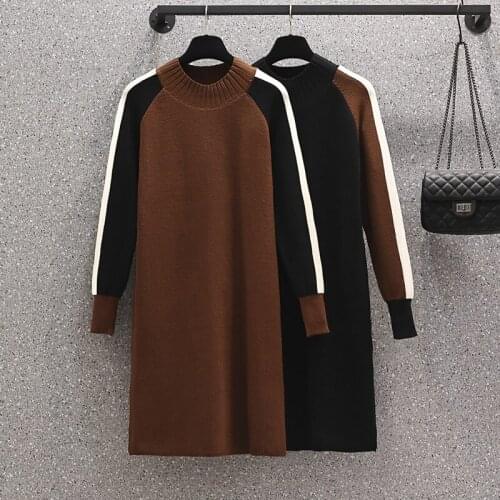 2021 autumn winter new Oversized women dresses long sleeve half turtleneck Patchwork elegant vintage thick sweater dress 4XL