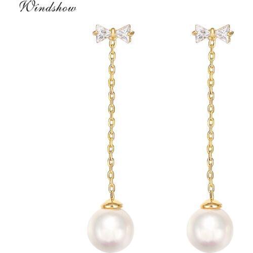 2016 New Yellow Gold Color Pave CZ Bowknot with Long Chain Link Pearl Drop Dangle Earrings Fashion Jewelry For Womens Girls