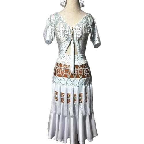 White Fringed Tassels Women Latin Dance Dress Sparkly Rhinestone Competition Performance Clothing Female Adult Rumba Salsa Dress