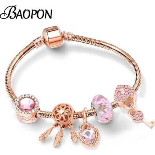 BAOPON Antique Crystal Heart Charm Bracelet With Murano Glass Beads Bracelet for Women Valentines Day Gift Jewelry Dropshipping