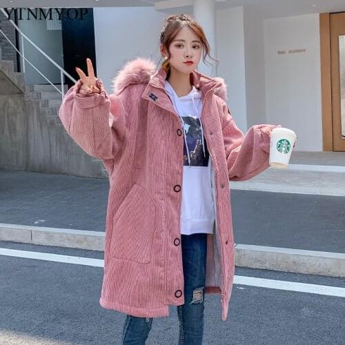 YTNMYOP Long Parka Women Hooded Thicken Warm Jackets Lambswool Coats Snow Wear High Street Corduroy Clothing Office Lady
