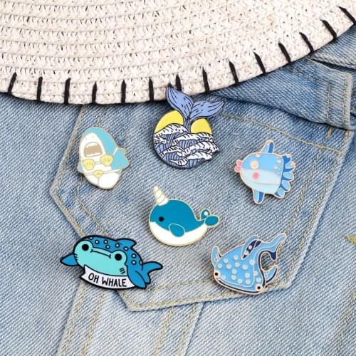 Cartoon Shark Whale Ocean Wave Enamel Pins Creative Blue Sea Creature Lapel Brooches Badge Collection Jewelry Gift For Women Men