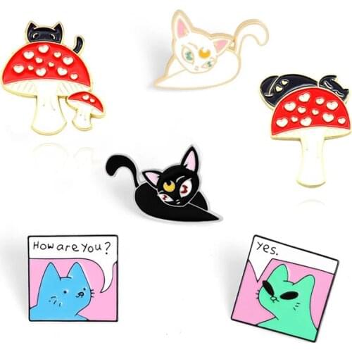 Red mushroom Cats Enamel Brooch How are you?yes. Alien kitten Moon cat Lapel Pin Cartoon fun animal Punk Badge Gifts for friends