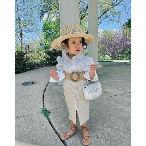 Kids Suit Set, Solid Color Turn-Down Collar Long Sleeve Shirt+ Midi Skirt+ Waist Belt for Girls, White, 1-6 Years