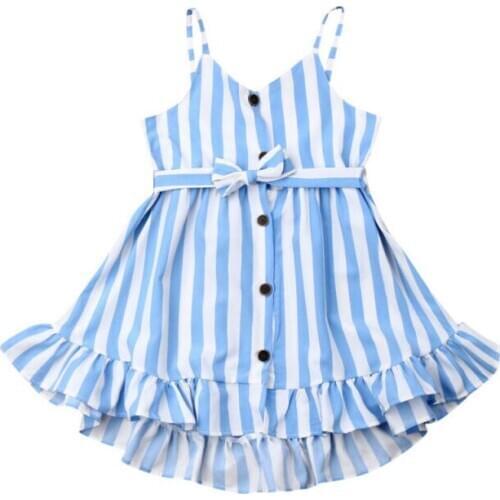 Girls Dress Summer Fashion Sling Striped Kids Button Ruffles Dress Princess Bohemian Children Dresses Beach Girl Holiday Clothes