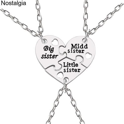 Nostalgia 1 Sets Big Middle Little Sister Heart Pendant Baby Girl Necklace Puzzle Piece Jewelry Babygirl