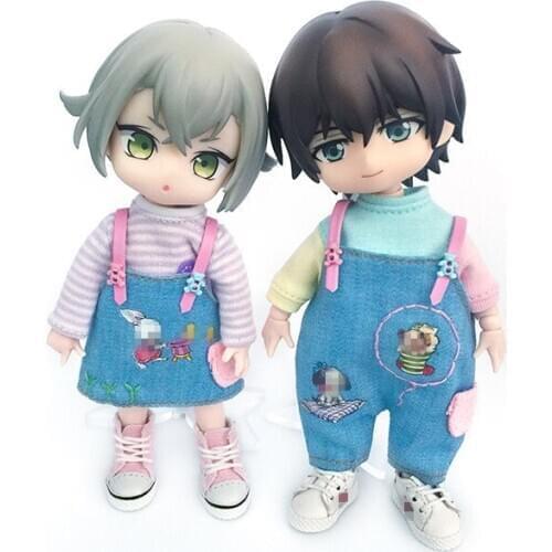 OB11 doll dress 1/12 size fashion striped matching color top + denim overpants or dress + pink cute Bunny hat three-piece set