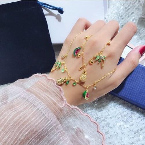 Original Tropical Golden Coconut Tree Flamingo Pineapple Watermelon Fruit Bracelet Necklace Women Fashion Set DIY Jewelry