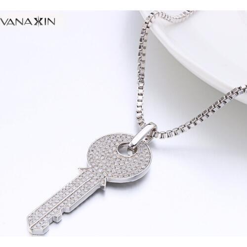 VANAXIN Key Necklace Pendant Shiny Cubic Zircon Iced Out Gold/Silver Color Fashion Statemement Jewelry Women Men High Quality