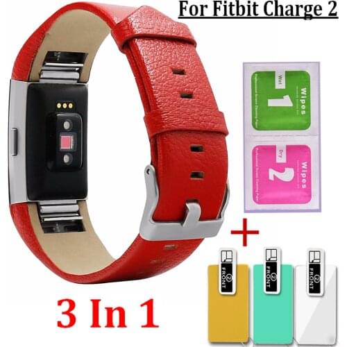 2 In 1 For Fitbit Charge 2 Watch Band Genuine Leather Belt For Fitbit Charge 2 Bracelet Adjustable Strap Watchband With 3 Films