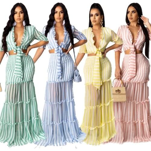 Ruflles Chiffon 2 PCS Set Lace Up Sexy Deep V Neck Crop Top + See Through Long Stripe Skirt Set Women Summer Fall Evening Dress