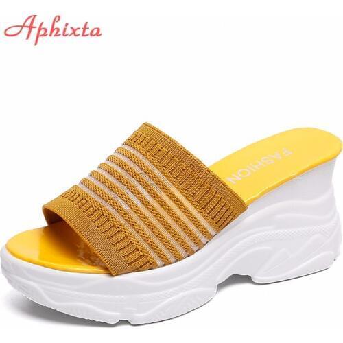 Aphixta Cotton Fabric Platform Wedge Slippers Women Shoes Mules Clog Gingham Sandals Girls Flip Flop Slides Pantuflas De Mujer
