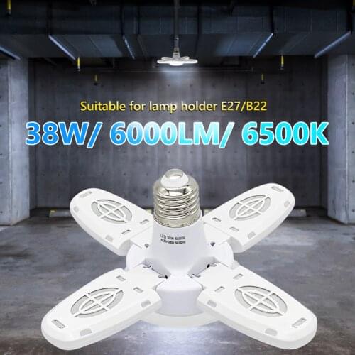 38W LED Garage Lights Foldable E27 Bulb 4 Adjustable Fan Blades Deformable Workshop Warehouse Ceiling Lighting 6500K AC110-265V