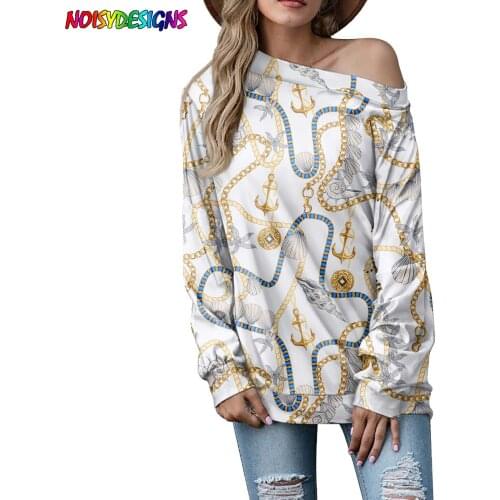 NOISYDESIGNS Europe Golden Retro Chain Prints T-shirt Women Long Sleeve Crop Top Spring Autumn Sweats Tees Top Streetwear Mujer