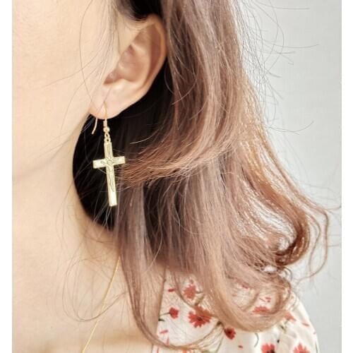 925 Solid Sterling Silver Minimalist Jewelry Dangle Jesus Cross Earrings Gold Women Drop Earrings Chrsitmas Gift