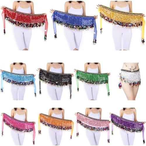 Women Sequin Tassel Lace-up Sexy Wrap Mini Skirt Belly Dance Hip Scarf Glitter Waist Chain Stage Performance Costume 193D