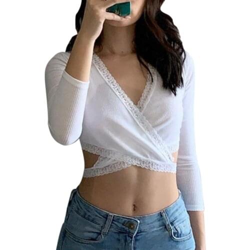Womens Wrap Crop Top, Sexy Long Sleeve Deep V Neck Lace Trim Self Tie Basic Tee Shirt