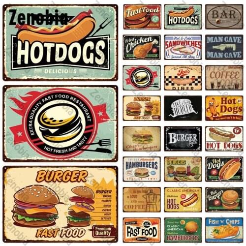 Hot Burger Tin Sign Plate Fast Food Vintage Metal Sign Plaque Vintage Hot Dog Wall Decor for Cafe Dinner Bar Restaurant Decor
