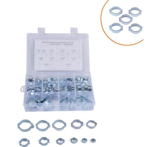 100pcs 11Sizes Hose Clamp Double Ears Clamp Worm Drive Fuel Water Hose Pipe Clamps Clips Hose Fuel Clamps