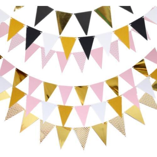 12 Flag Gold Silver Black Banner Garland DIY Glitter Bunting Paper Birthday Banner for Home Event Party Wedding Party Decoration