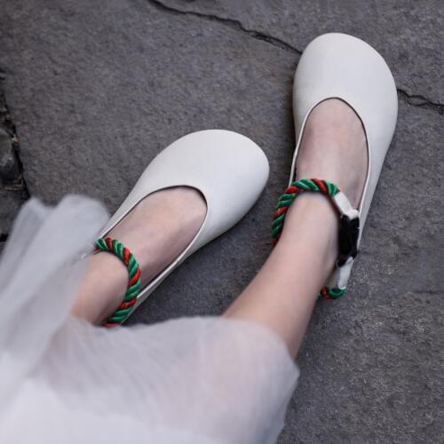 Artmu Origional Shallow Mouth Women Shoes Flat Straight-line Buckle Genuine Leather Shoes Soft Sole Handmade White Shoes 8289-01