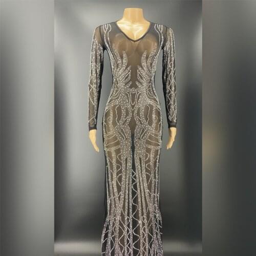 Sparkly Black Mesh Silver Rhinestones Dress Evening Long Dress Birthday Celebrate Stretch Outfits Long Sleeves Costume XS2806