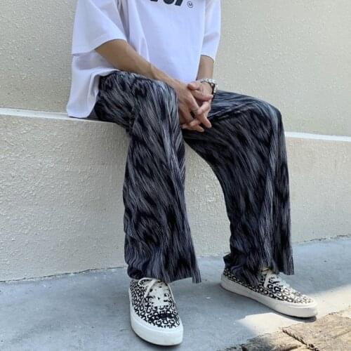 Tie-dyed ice silk pants mens Korean straight leg pants mens loose pleated pants mens streetwear hip-hop casual pants