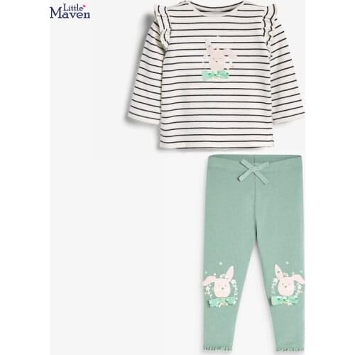 European And American Children Wear Autumn Cartoon Rabbit Bunny Stripe Long Sleeves Tees + Green Pants 2 Pieces Sets