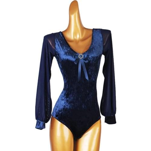 Womens velvet latin ballroom dance bodysuits for female navy blue latin chacha ballroom dance tops
