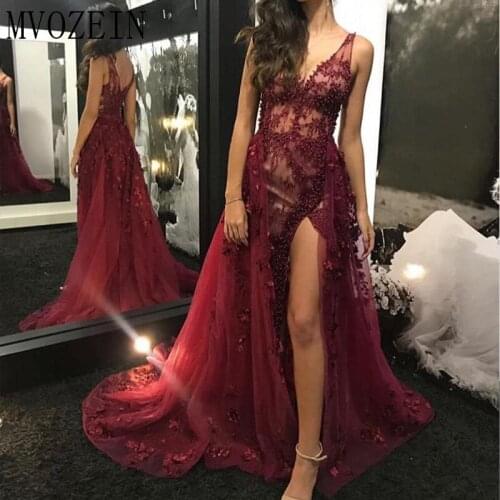 Graceful Long Evening Dress 2019 A-Line Deep V-Neck Sleeveless High Split Evening Dresses Formal Party Gowns Vestidos